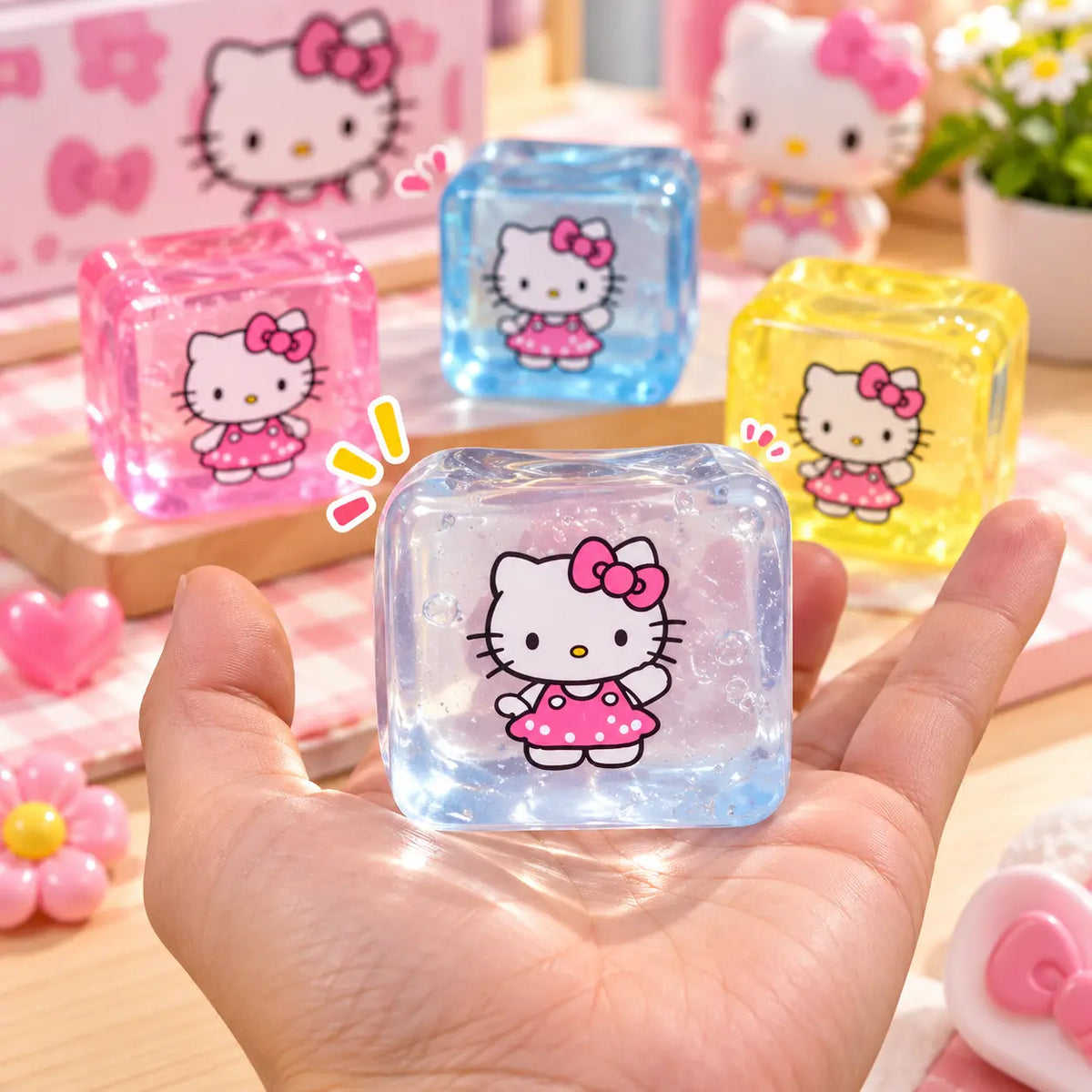 Hello Kitty-inspired cube squishy stress relief fidget toy for kids in a colorful design