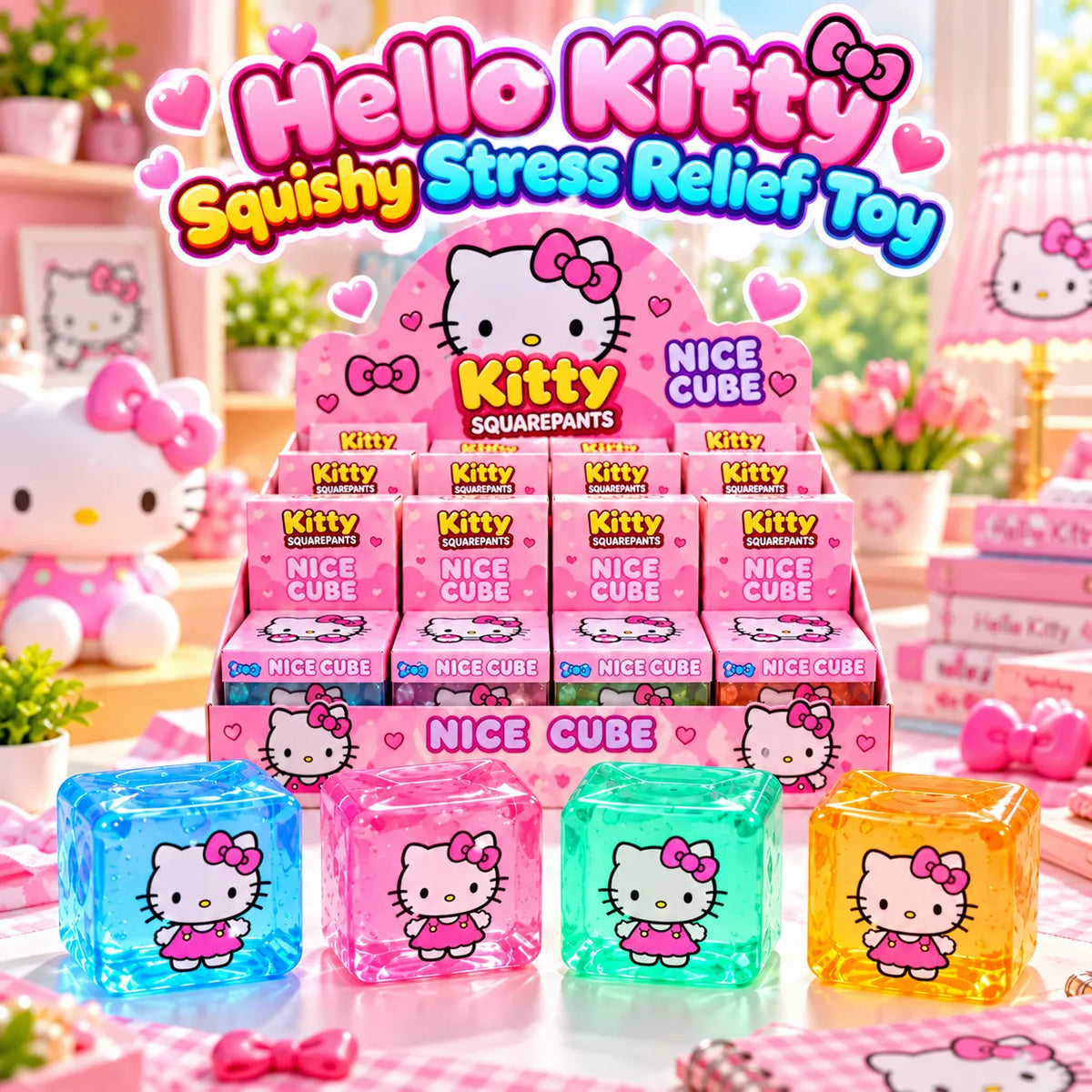 Hello Kitty-inspired cube squishy stress relief fidget toy for kids in a colorful design
