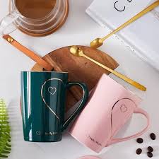 Heart Pattern Ceramic Mug Set, Love Sign Ceramic Couple Mug Set, Creative Mug with Lid and Spoon, Luxury Marble Ceramic Coffee Cups - Deliverrpk