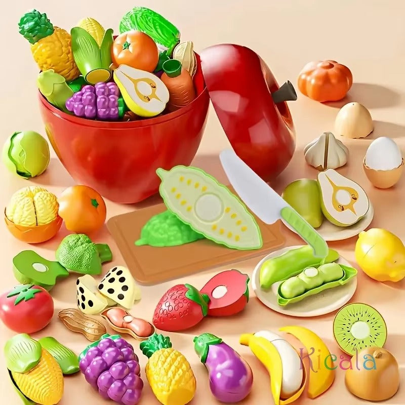 32 Pcs Pretend Play Kitchen Cutting Set (Apple Storage Case)