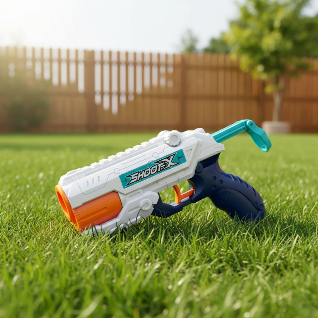 Diagram of a SHOOT-X water gun with labeled parts on a white background