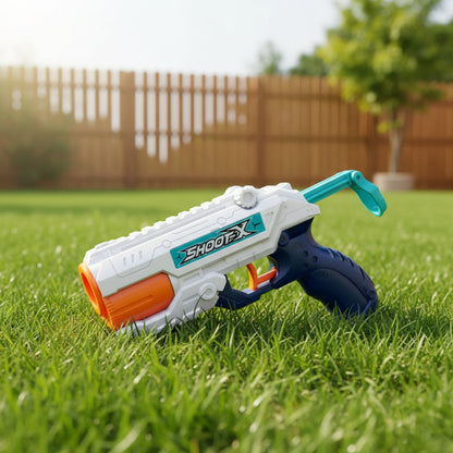 Diagram of a SHOOT-X water gun with labeled parts on a white background