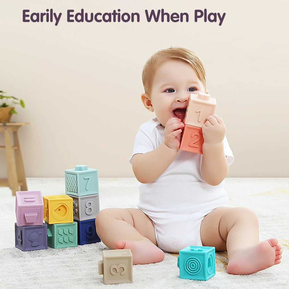 Baby playing with colorful blocks on a bed, with text 'Early Education When Play' above.