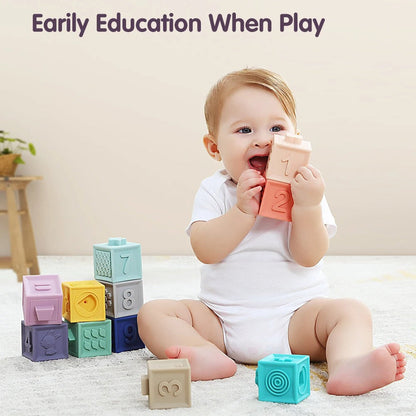 Baby playing with colorful blocks on a bed, with text 'Early Education When Play' above.