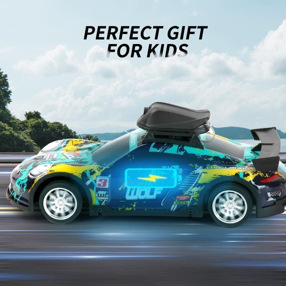 Toy car with colorful design on a road, labeled 'Perfect Gift for Kids'.