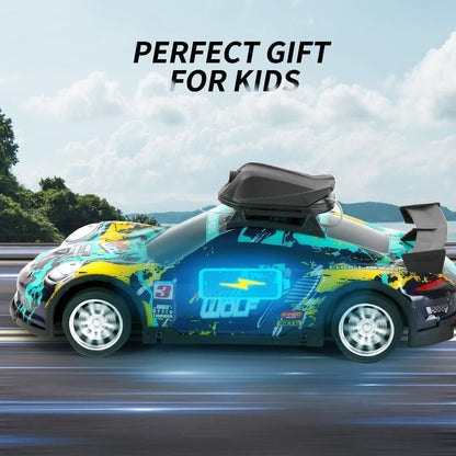 Toy car with colorful design on a road, labeled 'Perfect Gift for Kids'.