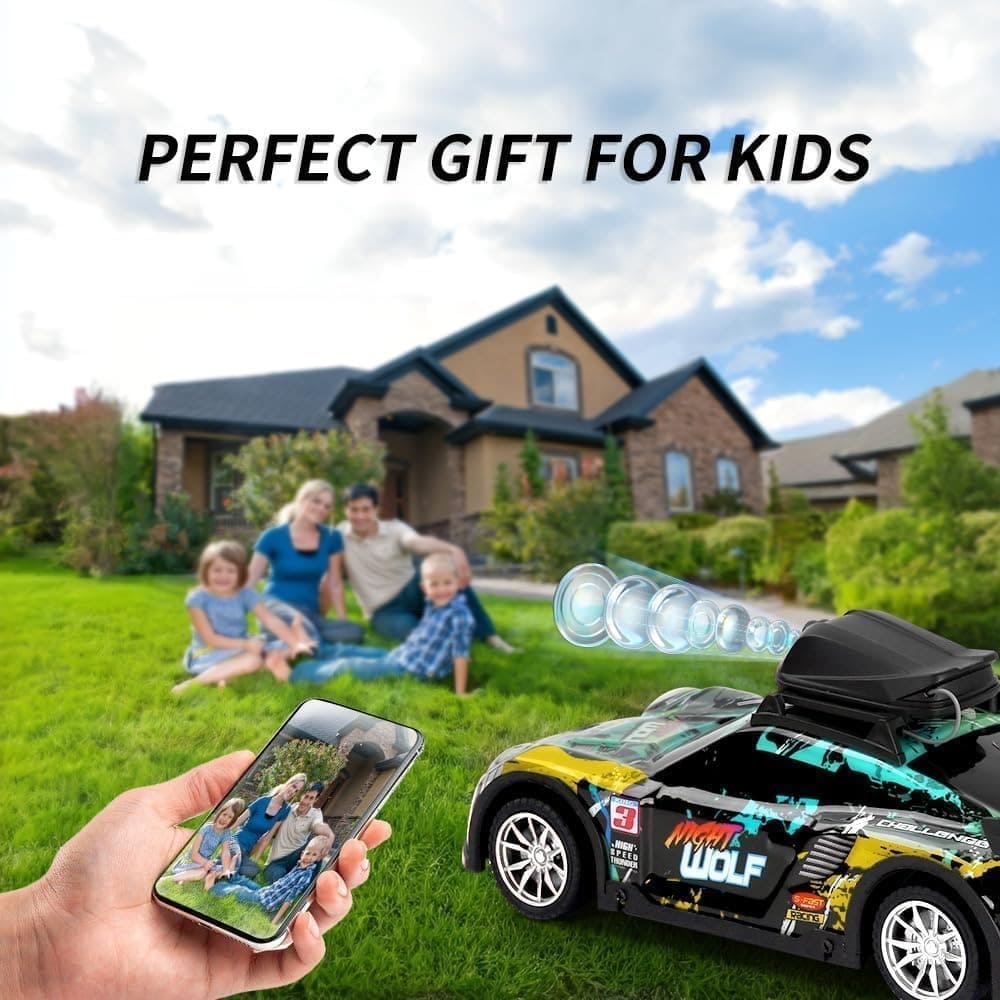 Toy car with smartphone app control in front of a family in a garden