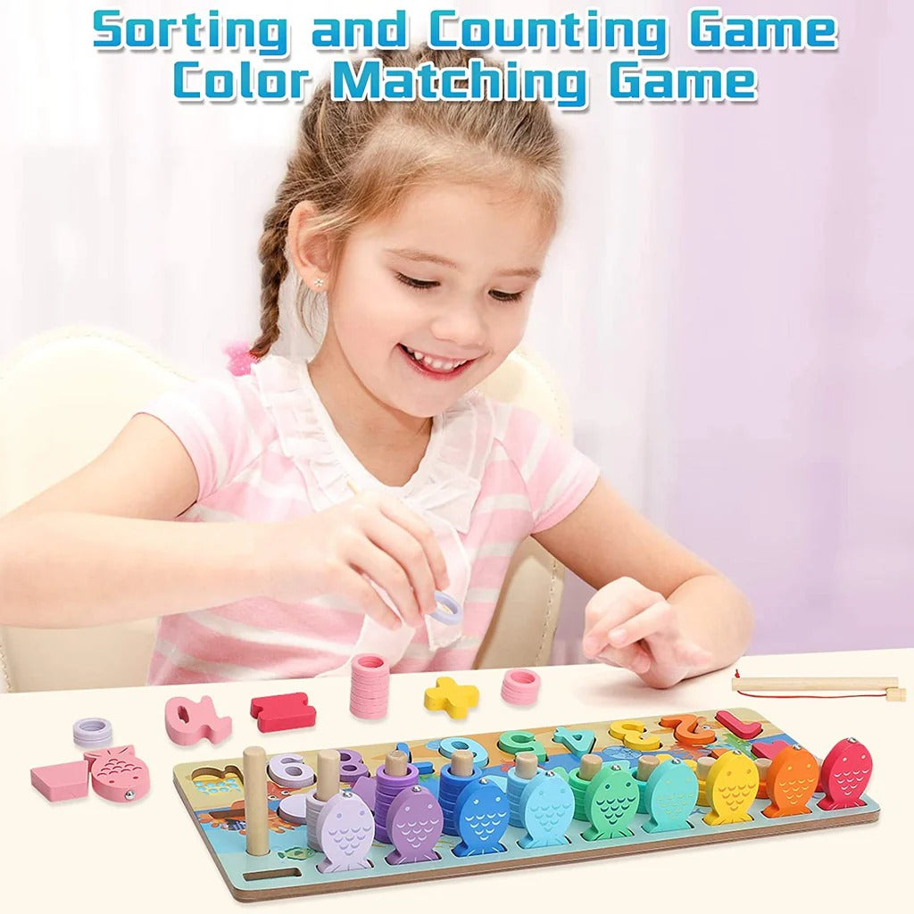 Wooden Montessori Puzzle – Numbers, Letters & Fishing Game | 2025-4