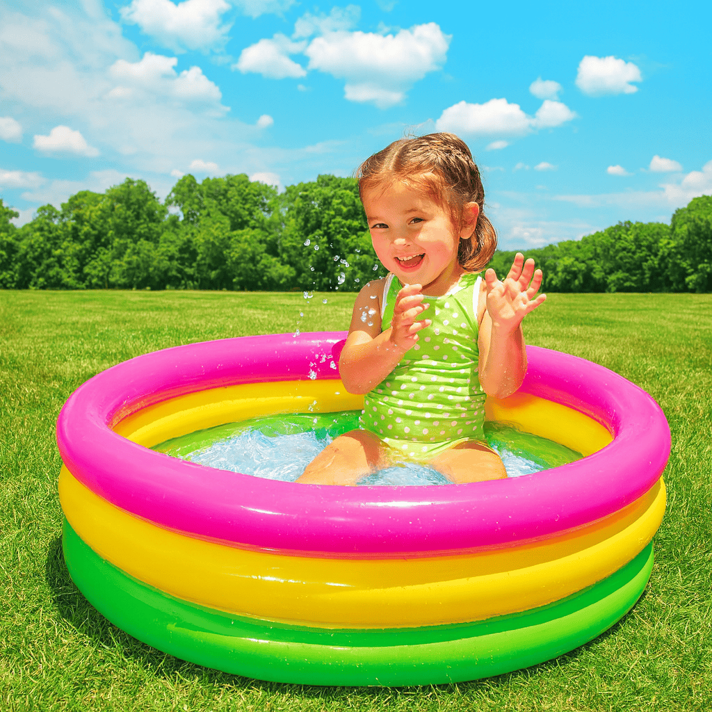 Child playing in a colorful inflatable pool on a sunny day