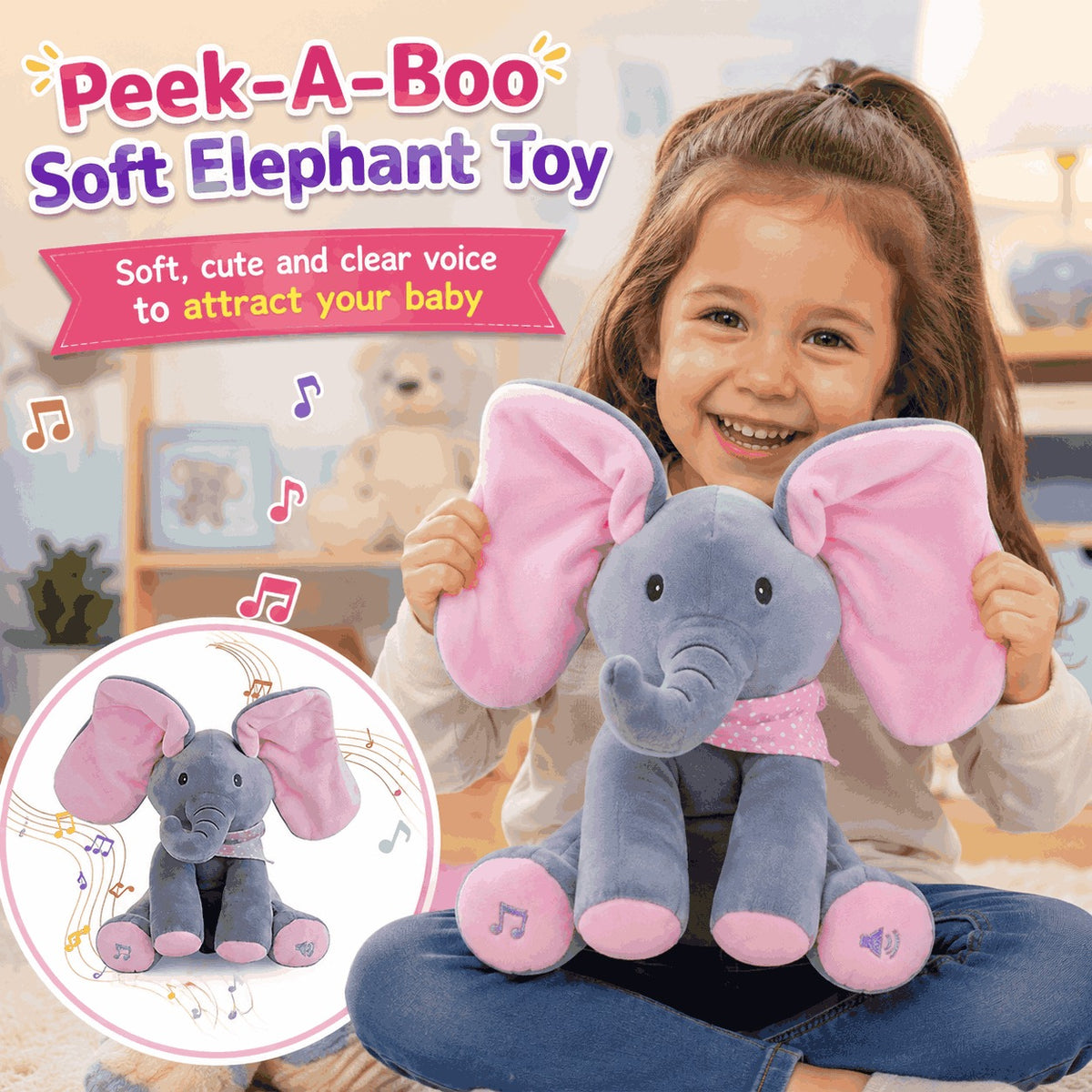 Musical Soft Peek-A-Boo Elephant Toy for Babies and Kids