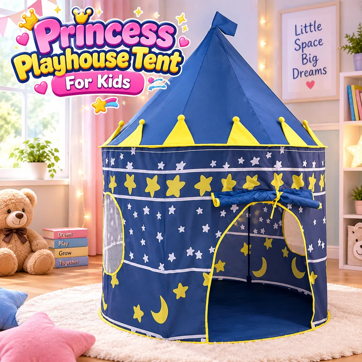 Pink children's play tent with crown patterns on a patterned wall background