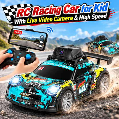 Toy racing car with camera and remote control on a road, featuring toynix branding.