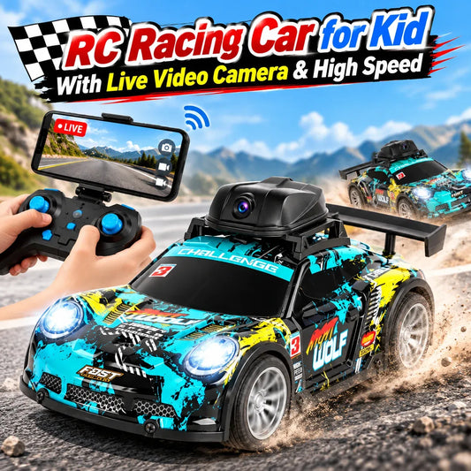 Toy racing car with camera and remote control on a road, featuring toynix branding.