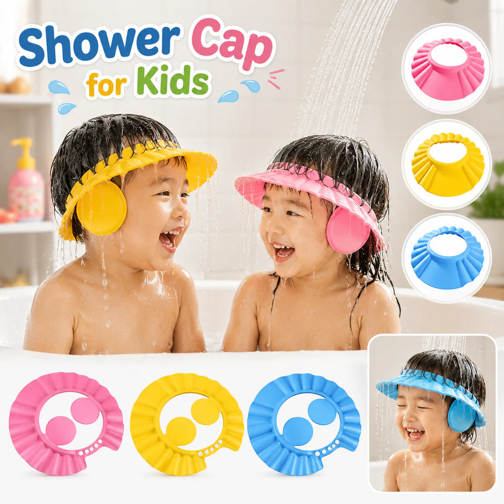 Children wearing colorful shower caps with a bathtub and showerhead in the background.