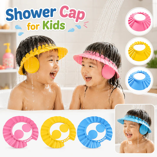 Children wearing colorful shower caps with a bathtub and showerhead in the background.