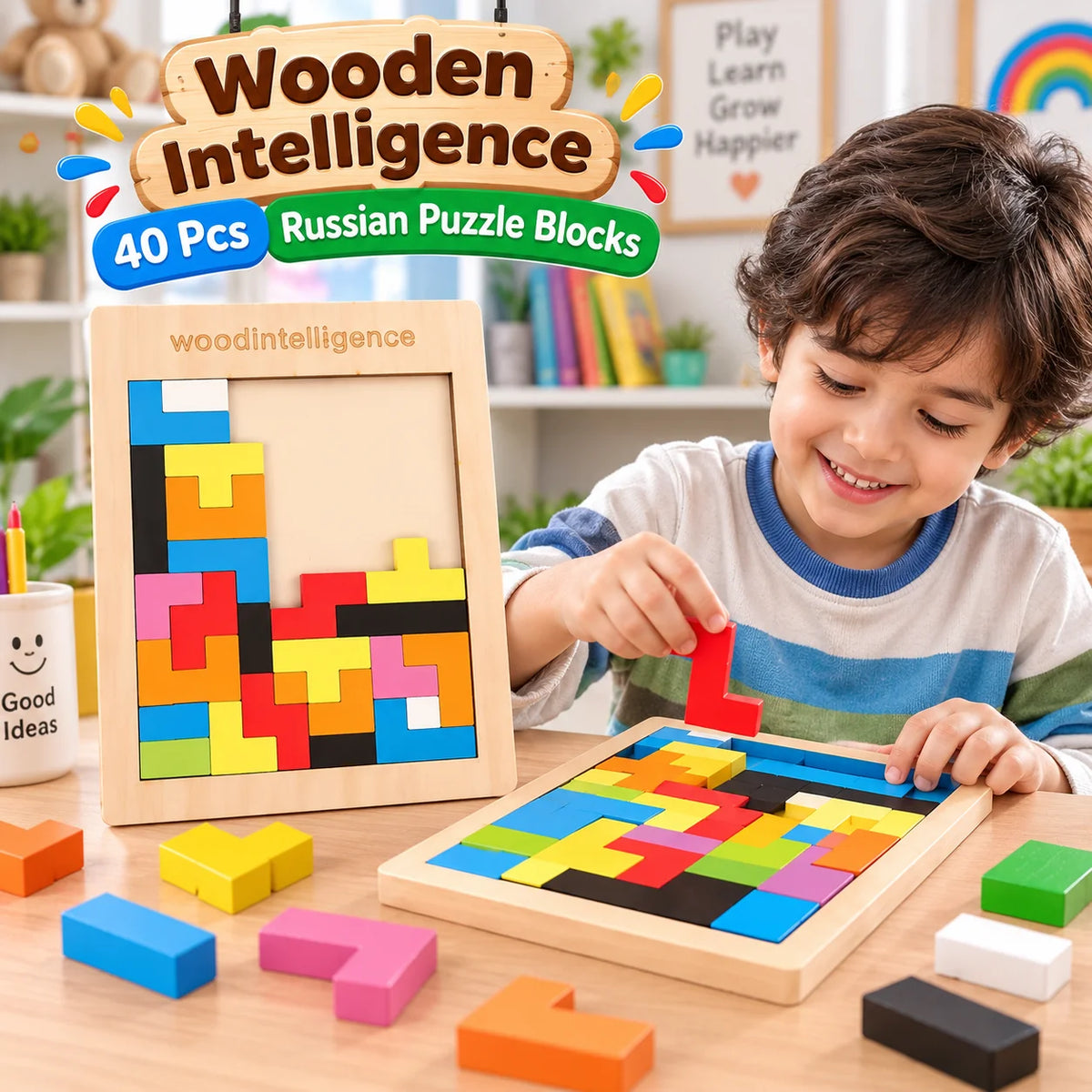 Child playing with a colorful wooden puzzle in a playroom.